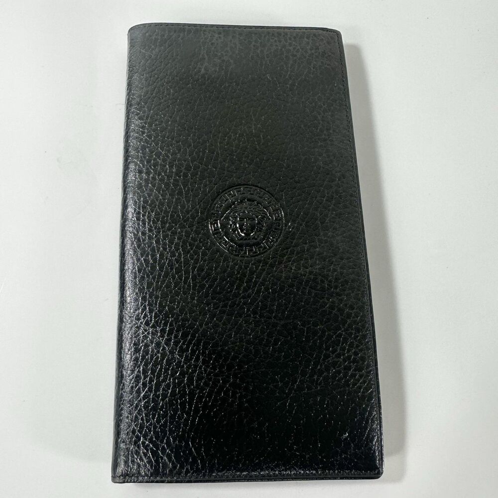 Gianni Versace Long Wallet Mens Vertical Black Leather Medusa Logo Bifold Italy - Picture 16 of 16